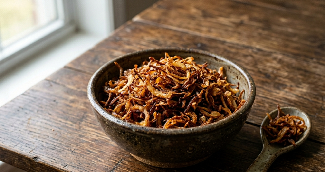 Fried onion birista — crispy golden-fried onion slices for export