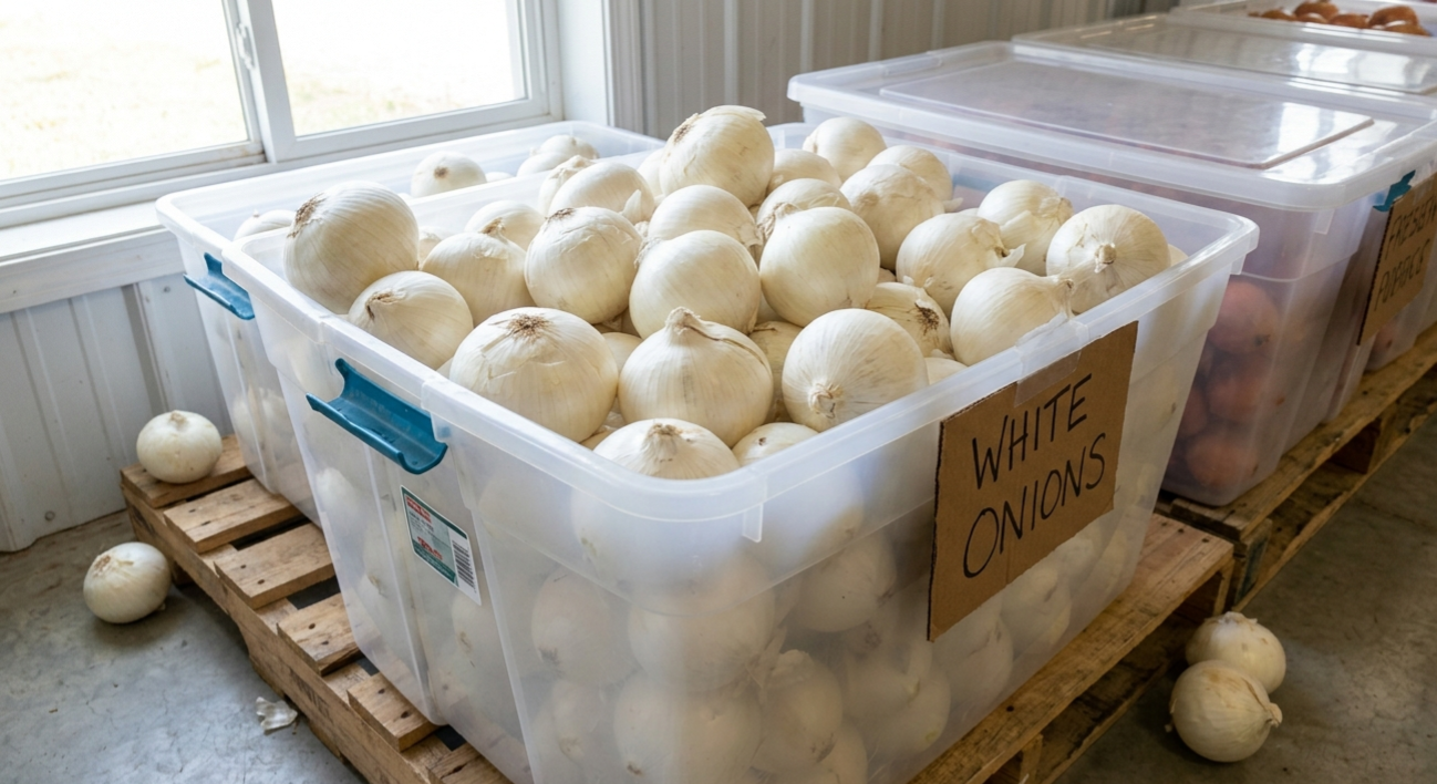 White onions — crisp, mild, preferred base for dehydrated onion products